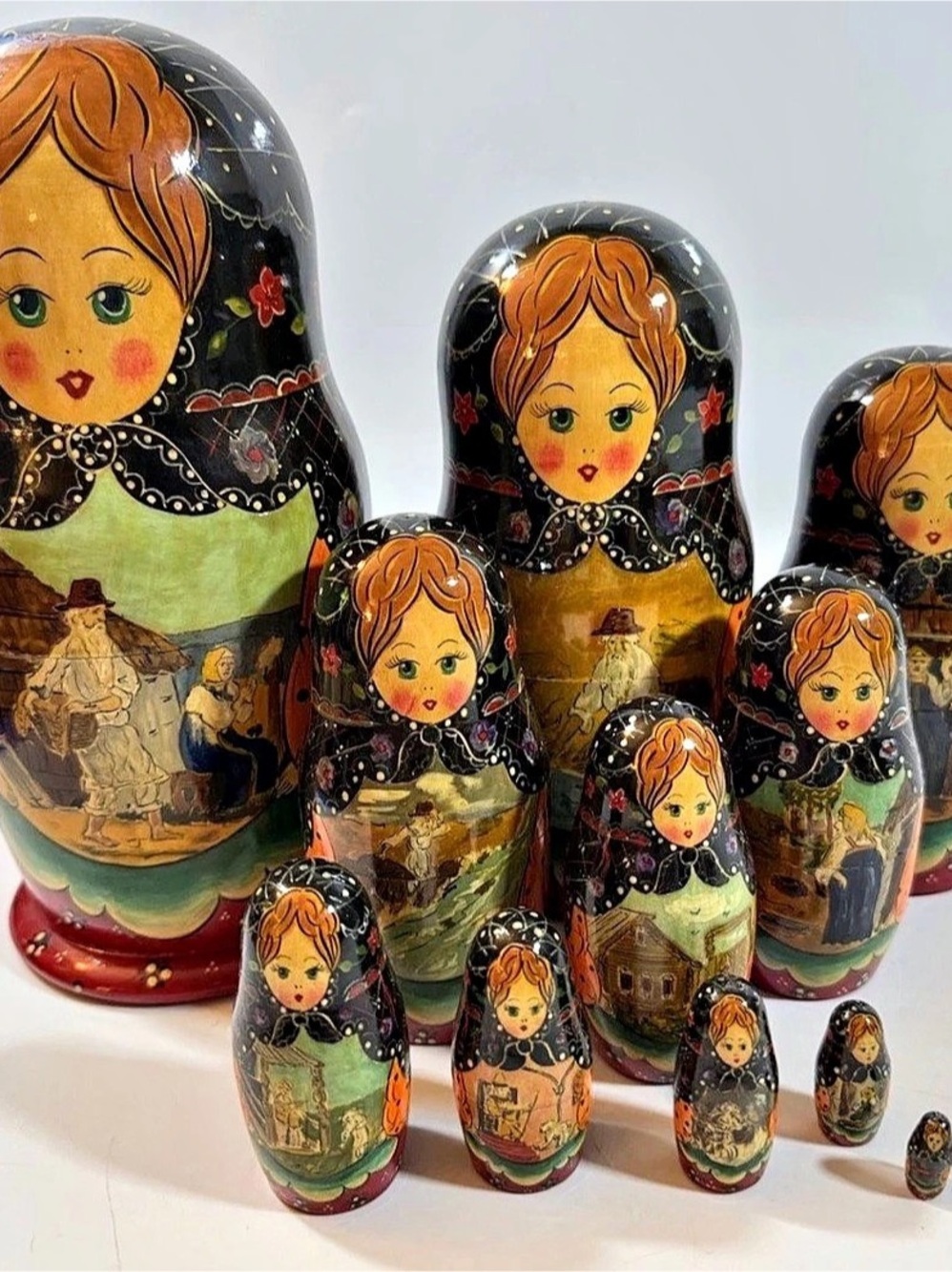 Vtg 11 Piece Hand Painted Russian Nesting Dolls Wooden Lacquer Fishing Scene HTF